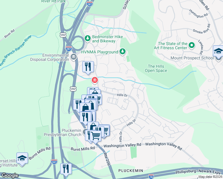 map of restaurants, bars, coffee shops, grocery stores, and more near 2 Calgery Lane in Bedminster