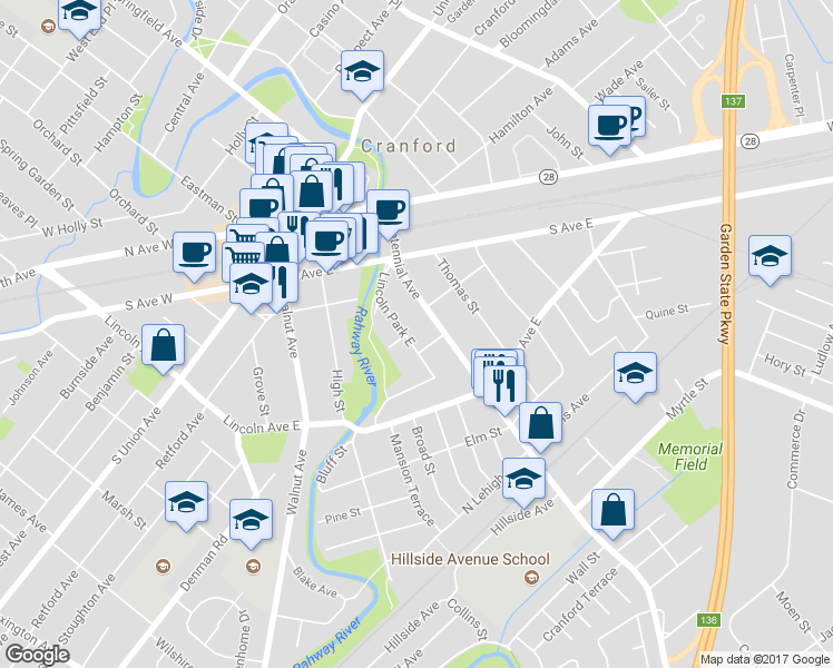 map of restaurants, bars, coffee shops, grocery stores, and more near 603 Lincoln Park East in Cranford