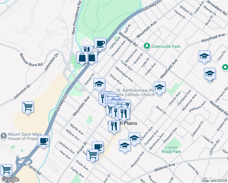 map of restaurants, bars, coffee shops, grocery stores, and more near 1941 Grand Street in Scotch Plains