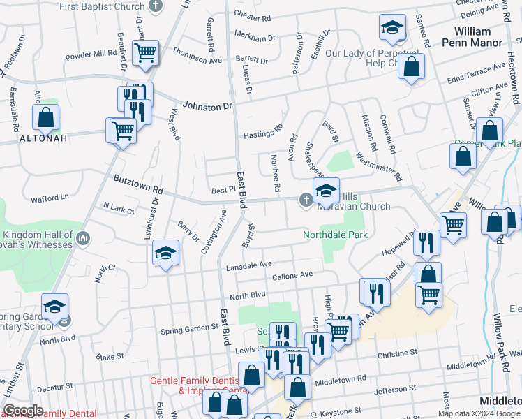 map of restaurants, bars, coffee shops, grocery stores, and more near 1728 Butztown Road in Bethlehem