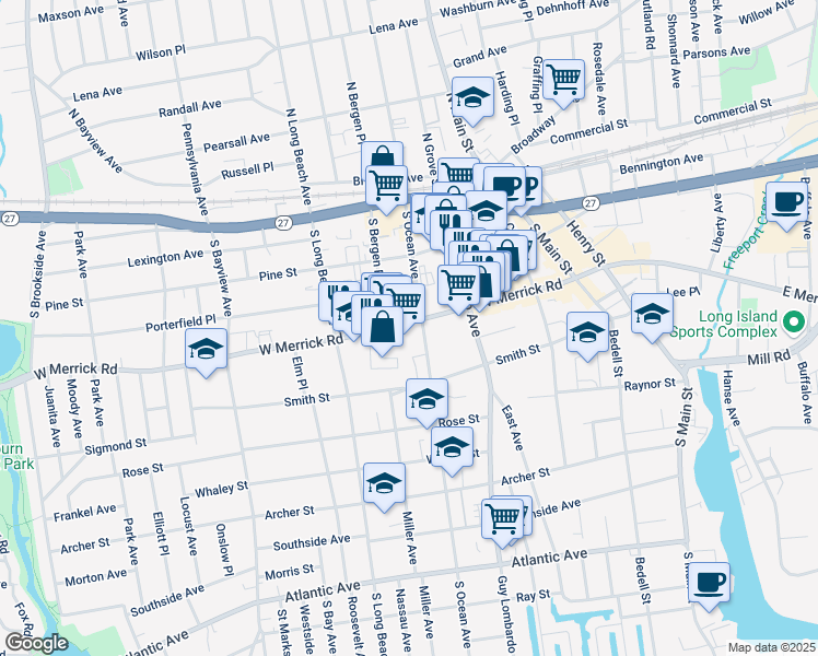 map of restaurants, bars, coffee shops, grocery stores, and more near 151 West Merrick Road in Freeport