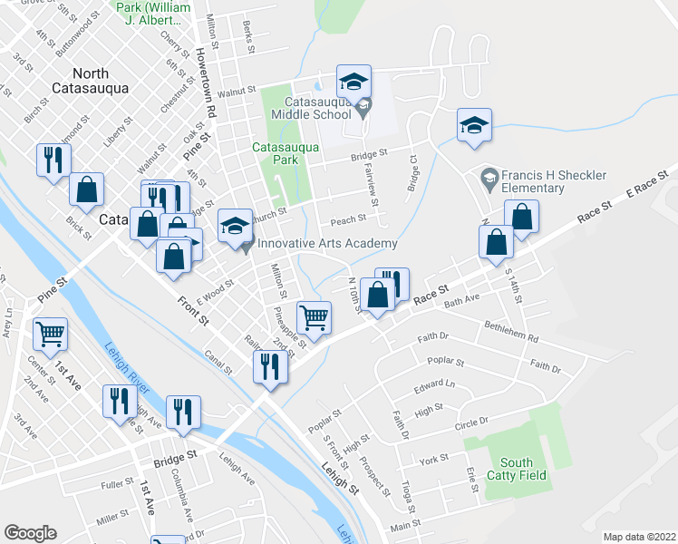 map of restaurants, bars, coffee shops, grocery stores, and more near 3 North 10th Street in Catasauqua