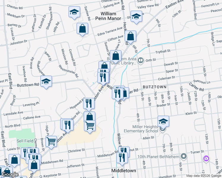 map of restaurants, bars, coffee shops, grocery stores, and more near 2641 Willow Park Road in Bethlehem