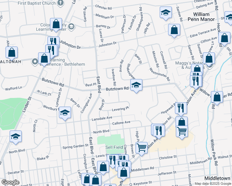 map of restaurants, bars, coffee shops, grocery stores, and more near 2733 Clermont Street in Bethlehem