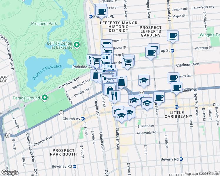 map of restaurants, bars, coffee shops, grocery stores, and more near Flatbush Avenue & Caton Avenue in Brooklyn