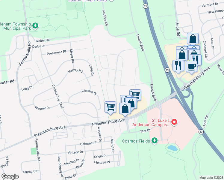 map of restaurants, bars, coffee shops, grocery stores, and more near 2215 Cook Drive in Easton