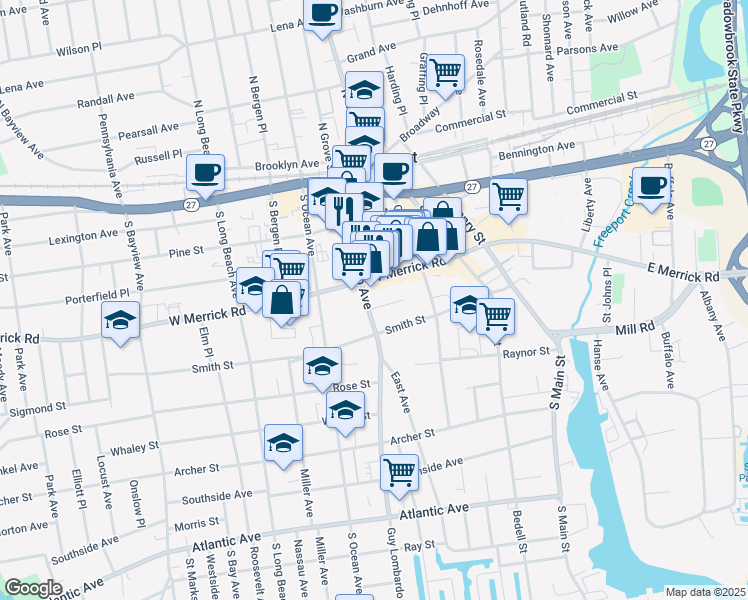 map of restaurants, bars, coffee shops, grocery stores, and more near 121 Guy Lombardo Avenue in Freeport