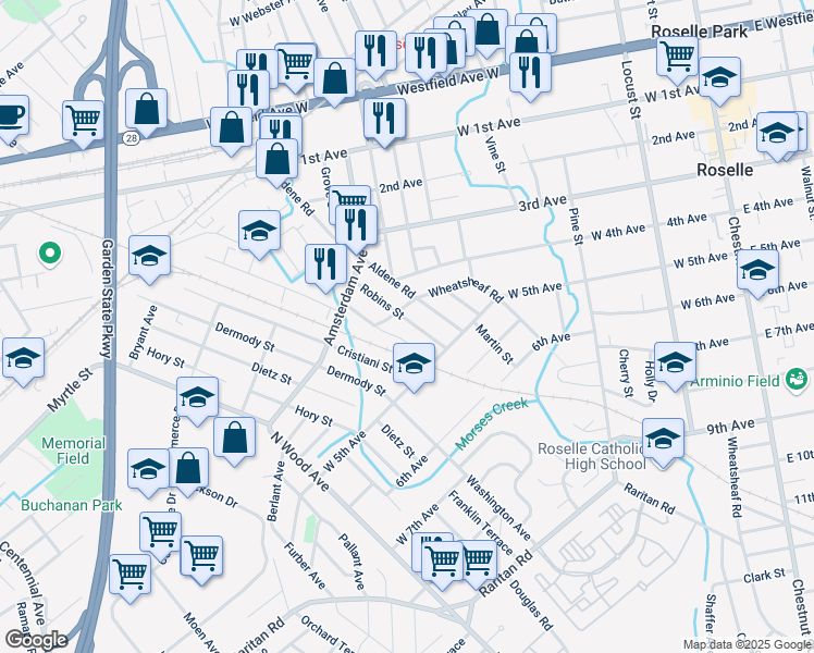 map of restaurants, bars, coffee shops, grocery stores, and more near 462 Robins Street in Roselle