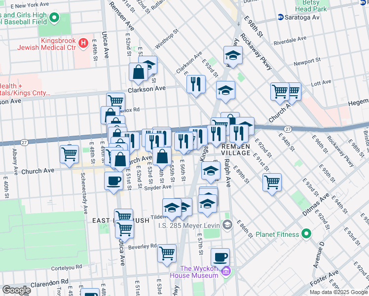map of restaurants, bars, coffee shops, grocery stores, and more near 169 East 56th Street in Brooklyn
