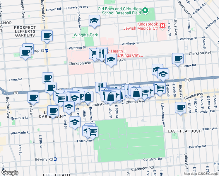 map of restaurants, bars, coffee shops, grocery stores, and more near 484 Linden Boulevard in Brooklyn
