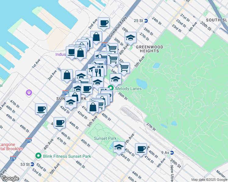 map of restaurants, bars, coffee shops, grocery stores, and more near 842 5th Avenue in Brooklyn
