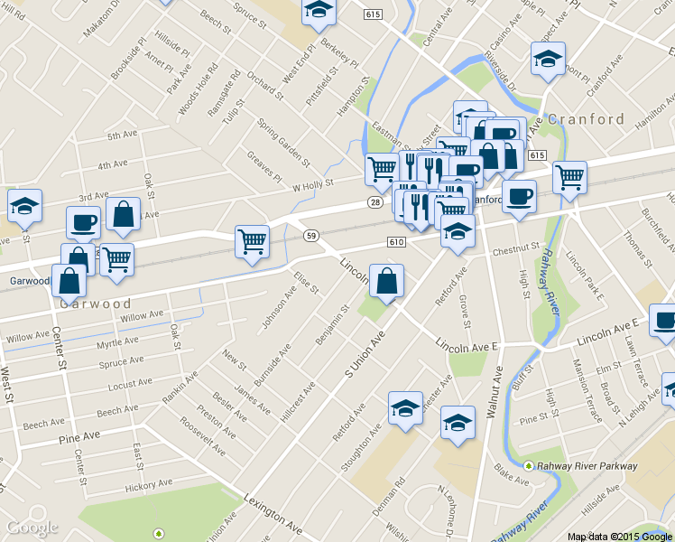 map of restaurants, bars, coffee shops, grocery stores, and more near 6 Burnside Avenue in Cranford