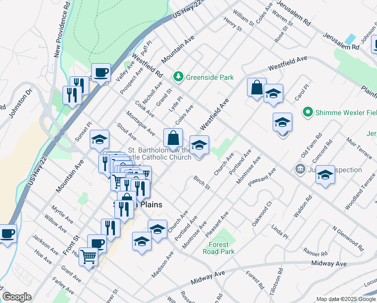 map of restaurants, bars, coffee shops, grocery stores, and more near 2034 Westfield Avenue in Scotch Plains