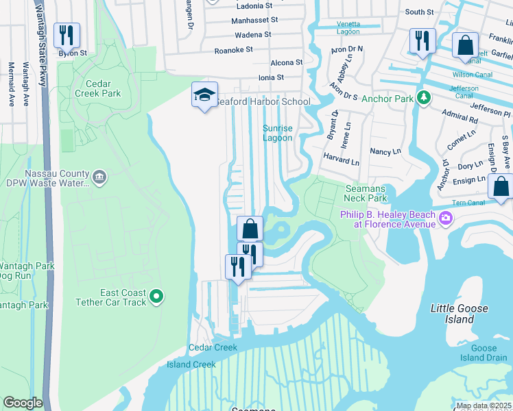 map of restaurants, bars, coffee shops, grocery stores, and more near 2720 Peconic Avenue in Seaford