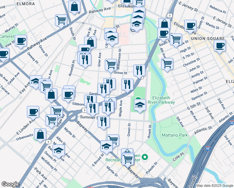 map of restaurants, bars, coffee shops, grocery stores, and more near 691 Garden Street in Elizabeth