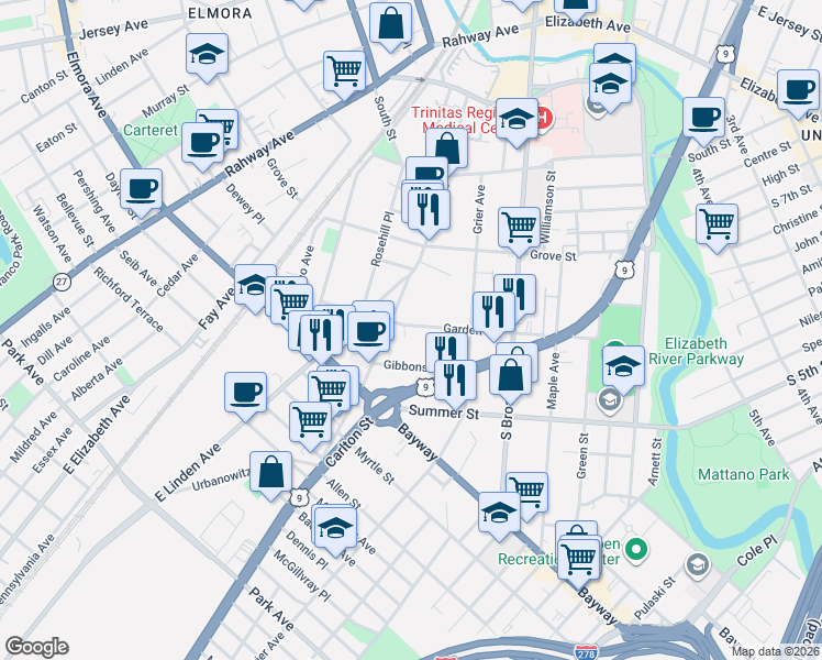 map of restaurants, bars, coffee shops, grocery stores, and more near 848 Garden Street in Elizabeth
