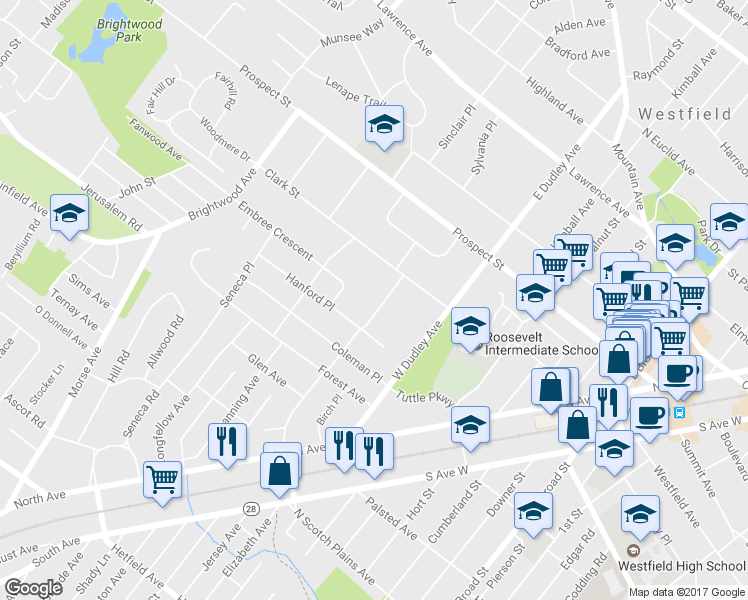 map of restaurants, bars, coffee shops, grocery stores, and more near 234 Edgewood Avenue in Westfield