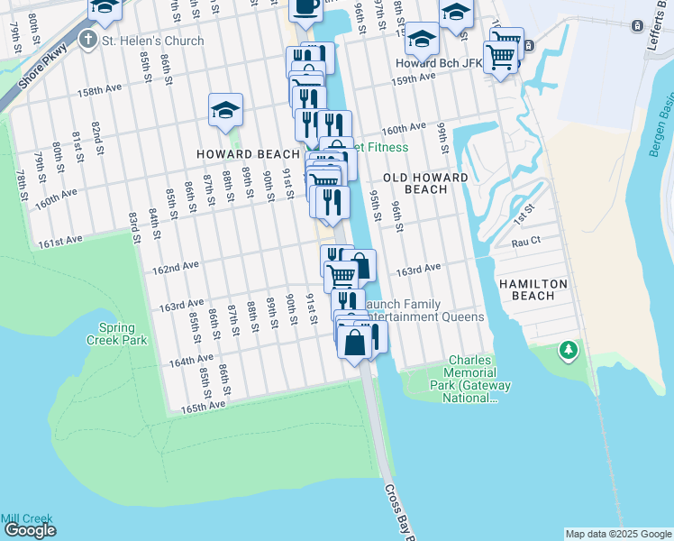 map of restaurants, bars, coffee shops, grocery stores, and more near 16254 Cross Bay Boulevard in Queens