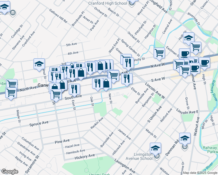 map of restaurants, bars, coffee shops, grocery stores, and more near 110 South Avenue in Garwood