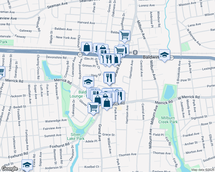 map of restaurants, bars, coffee shops, grocery stores, and more near 701 Prospect Street in Baldwin
