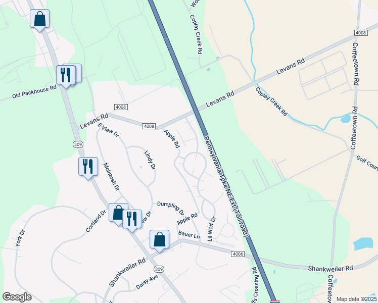 map of restaurants, bars, coffee shops, grocery stores, and more near 3619 Lil Wolf Circle in Lehigh County