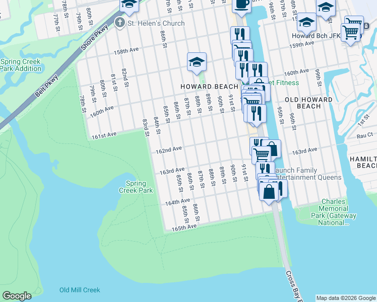 map of restaurants, bars, coffee shops, grocery stores, and more near 162-07 86th Street in Queens