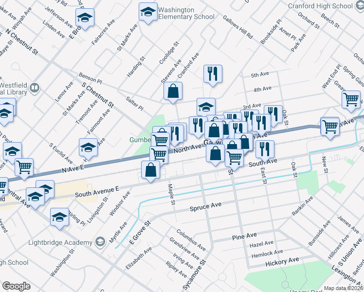 map of restaurants, bars, coffee shops, grocery stores, and more near 500 North Avenue in Garwood