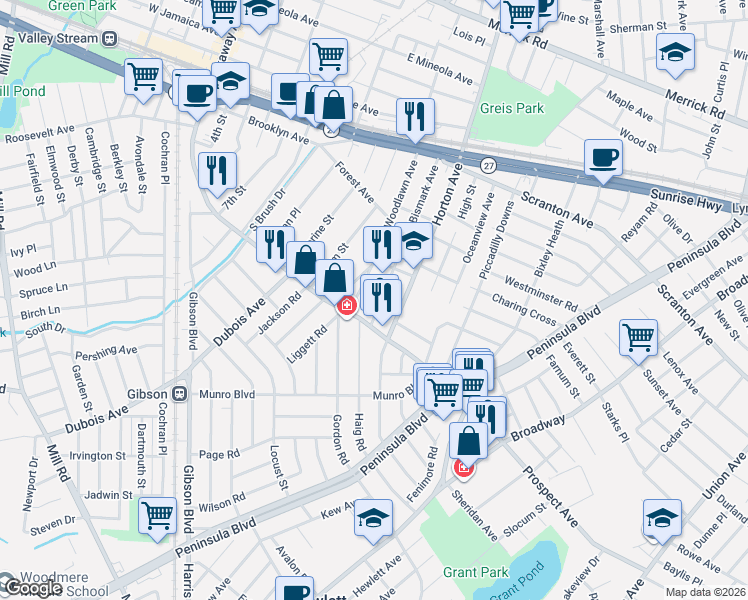 map of restaurants, bars, coffee shops, grocery stores, and more near 23 Bismark Avenue in Valley Stream