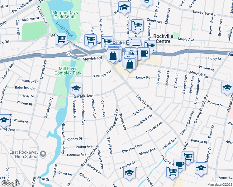 map of restaurants, bars, coffee shops, grocery stores, and more near 32 Rockaway Avenue in Rockville Centre