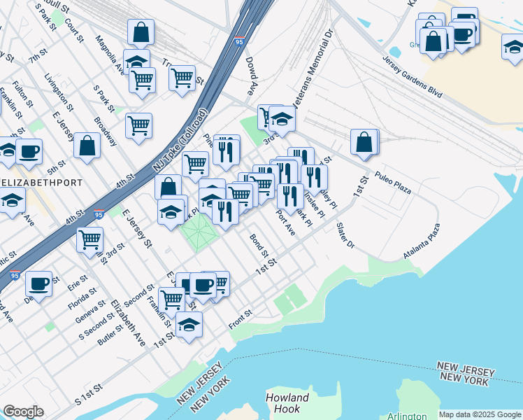 map of restaurants, bars, coffee shops, grocery stores, and more near 233 Second Street in Elizabeth