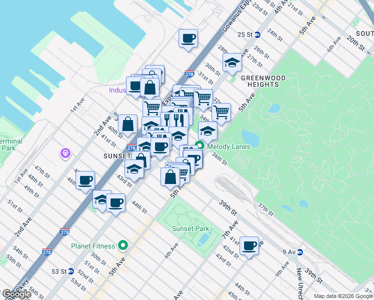 map of restaurants, bars, coffee shops, grocery stores, and more near 442 37th Street in Brooklyn