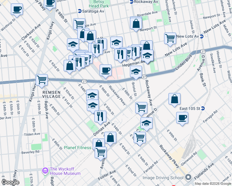 map of restaurants, bars, coffee shops, grocery stores, and more near Rockaway Parkway & Avenue B in Brooklyn