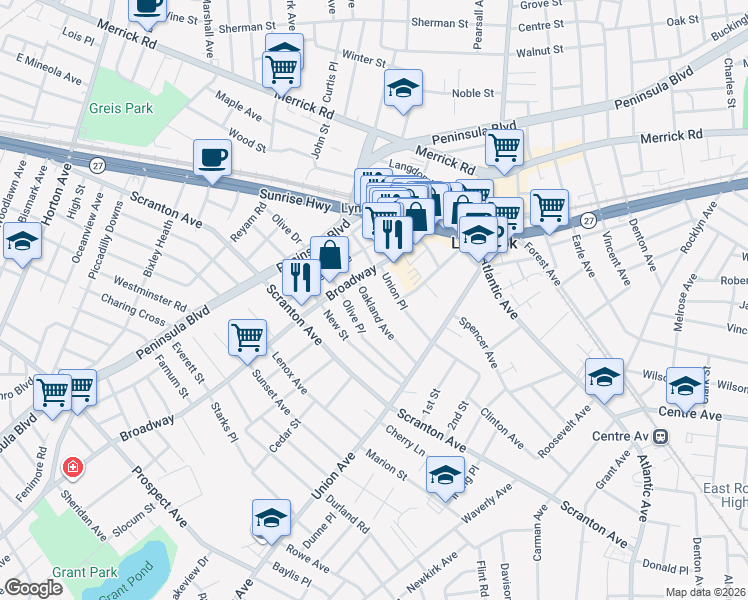 map of restaurants, bars, coffee shops, grocery stores, and more near 25 Oakland Avenue in Lynbrook