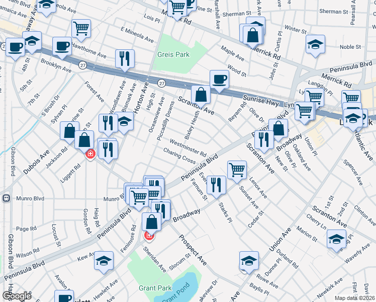 map of restaurants, bars, coffee shops, grocery stores, and more near 156 Westminster Road in Lynbrook