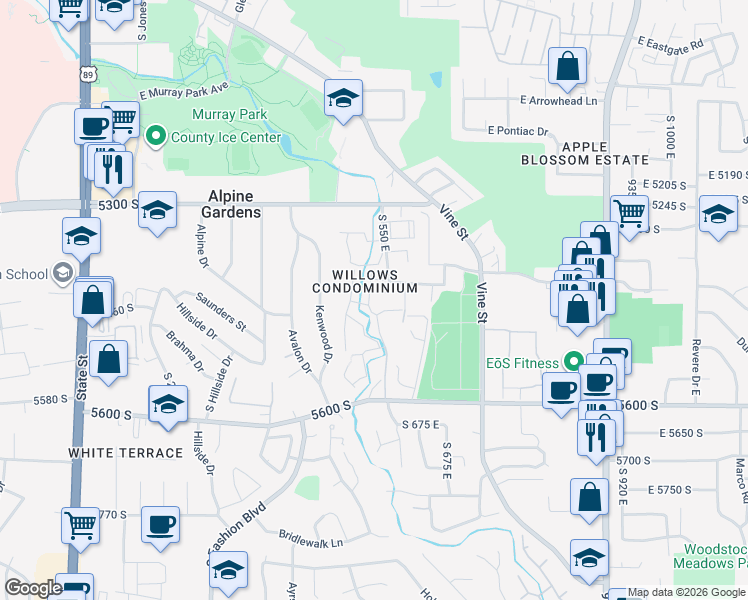 map of restaurants, bars, coffee shops, grocery stores, and more near 5423 Tonalea Drive in Murray