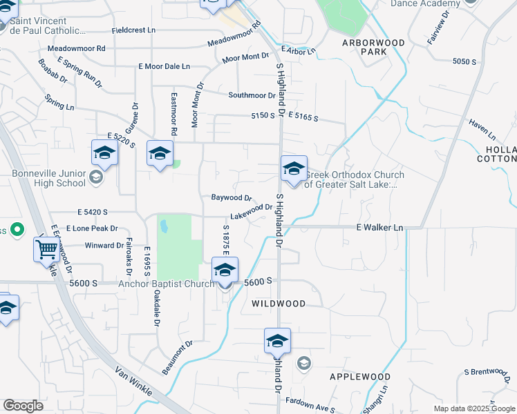 map of restaurants, bars, coffee shops, grocery stores, and more near 2320 East 5400 South in Holladay