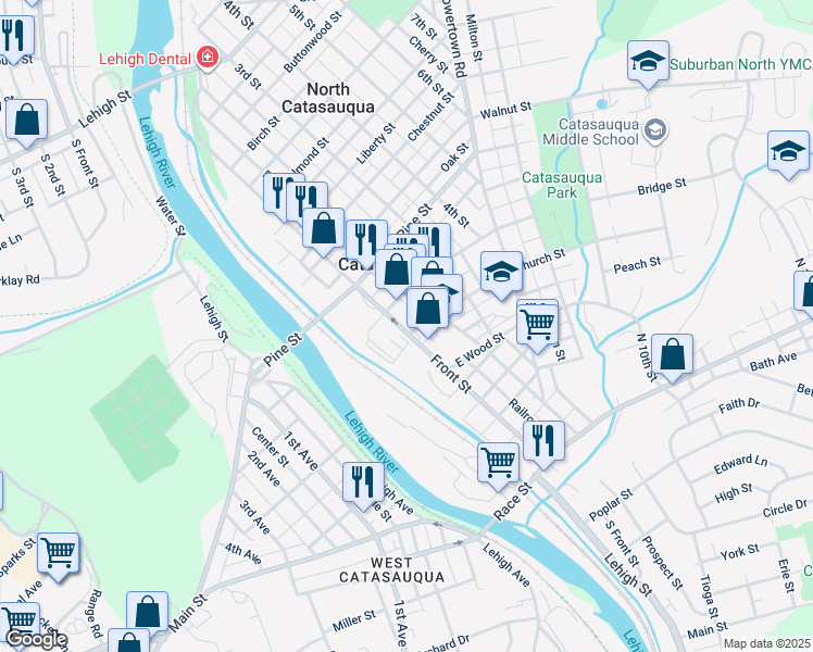 map of restaurants, bars, coffee shops, grocery stores, and more near 405 Front Street in Catasauqua