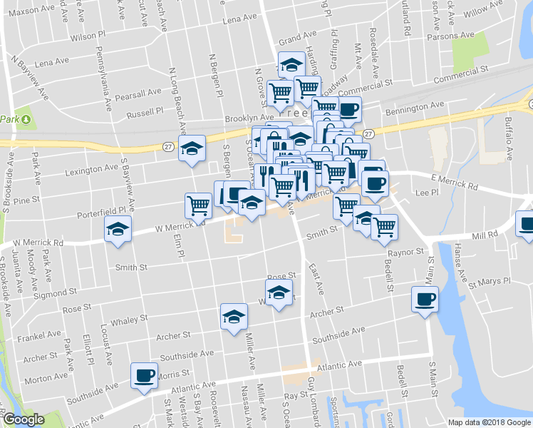 map of restaurants, bars, coffee shops, grocery stores, and more near 131 West Merrick Road in Freeport