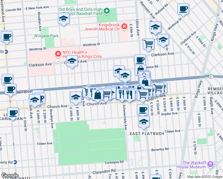 map of restaurants, bars, coffee shops, grocery stores, and more near 355 East 45th Street in Brooklyn