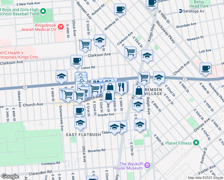 map of restaurants, bars, coffee shops, grocery stores, and more near 204 East 55th Street in Brooklyn
