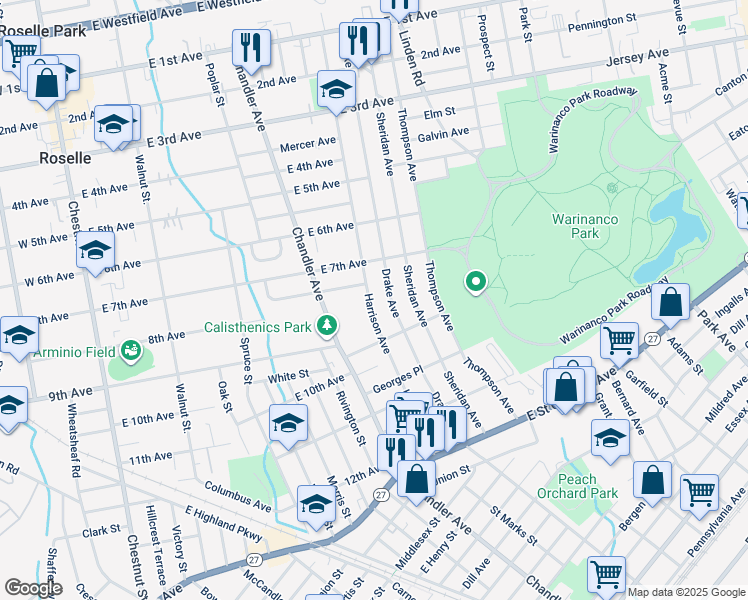 map of restaurants, bars, coffee shops, grocery stores, and more near 739 Harrison Avenue in Roselle