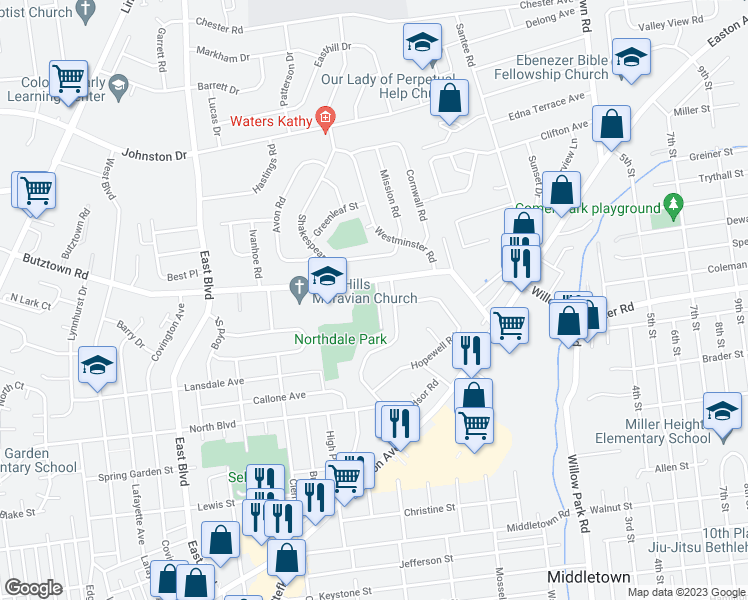 map of restaurants, bars, coffee shops, grocery stores, and more near 2683 Melina Court in Bethlehem