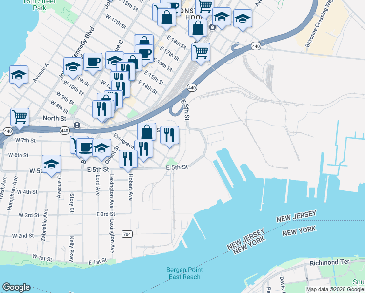 map of restaurants, bars, coffee shops, grocery stores, and more near 56 Isabella Avenue in Bayonne
