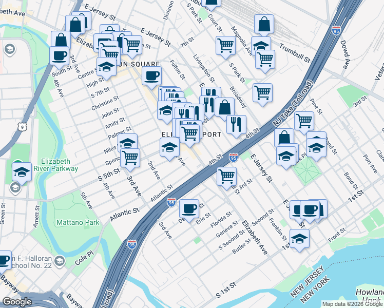 map of restaurants, bars, coffee shops, grocery stores, and more near 430 Elizabeth Avenue in Elizabeth
