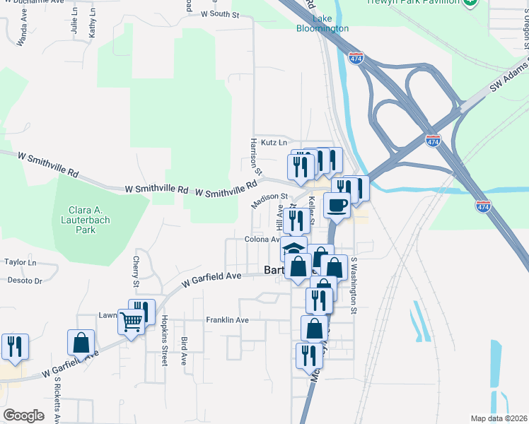 map of restaurants, bars, coffee shops, grocery stores, and more near 5811 S Jefferson St in Bartonville