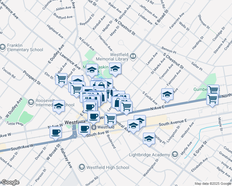 map of restaurants, bars, coffee shops, grocery stores, and more near 136 Saint Paul Street in Westfield