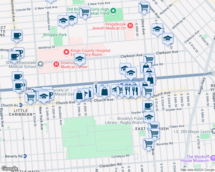 map of restaurants, bars, coffee shops, grocery stores, and more near 822 Troy Avenue in Brooklyn