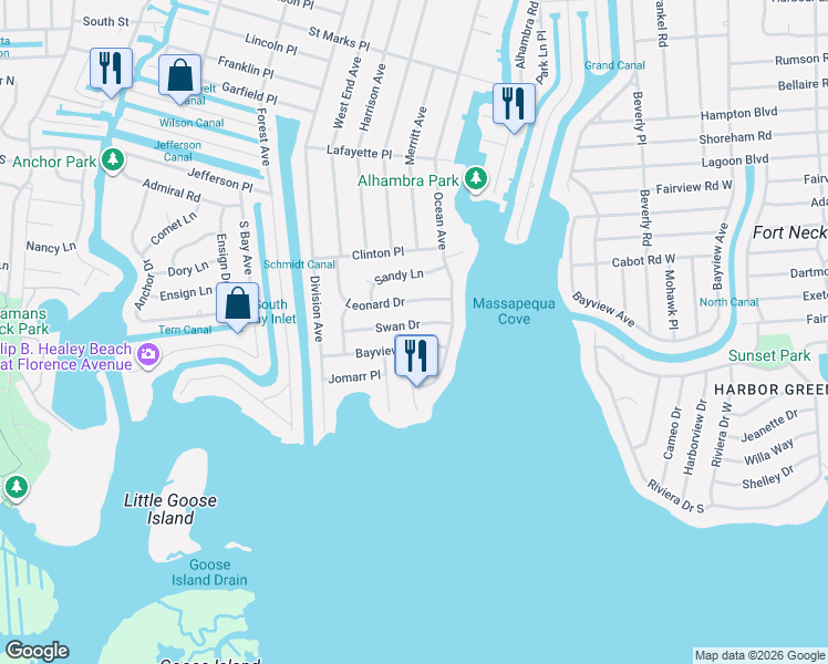 map of restaurants, bars, coffee shops, grocery stores, and more near 55 Swan Drive in Massapequa