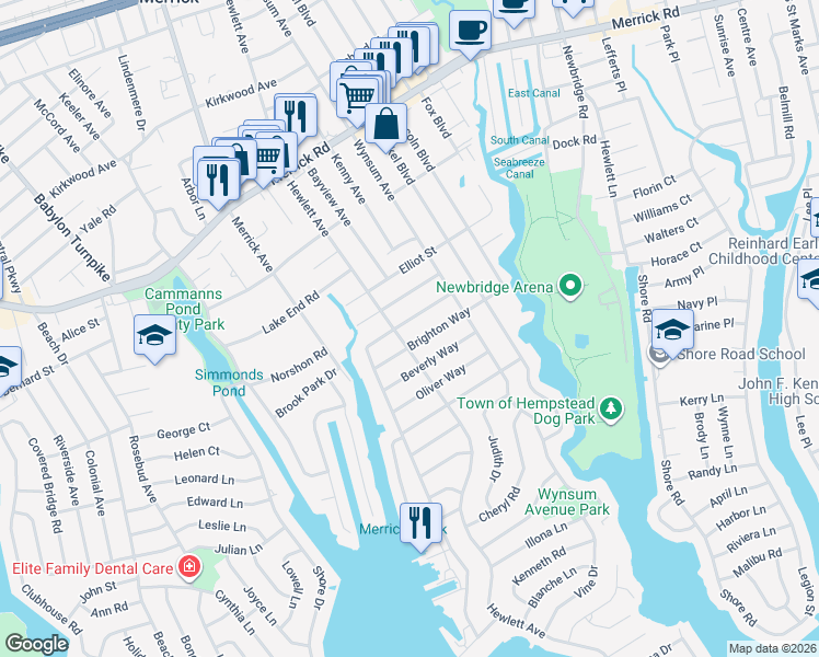 map of restaurants, bars, coffee shops, grocery stores, and more near 108 Shoreham Way in Merrick