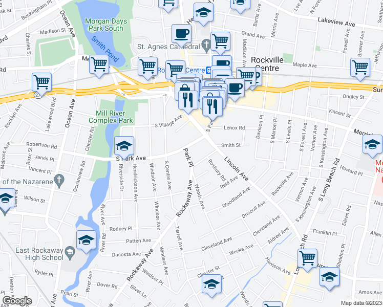 map of restaurants, bars, coffee shops, grocery stores, and more near 32 Rockaway Avenue in Rockville Centre
